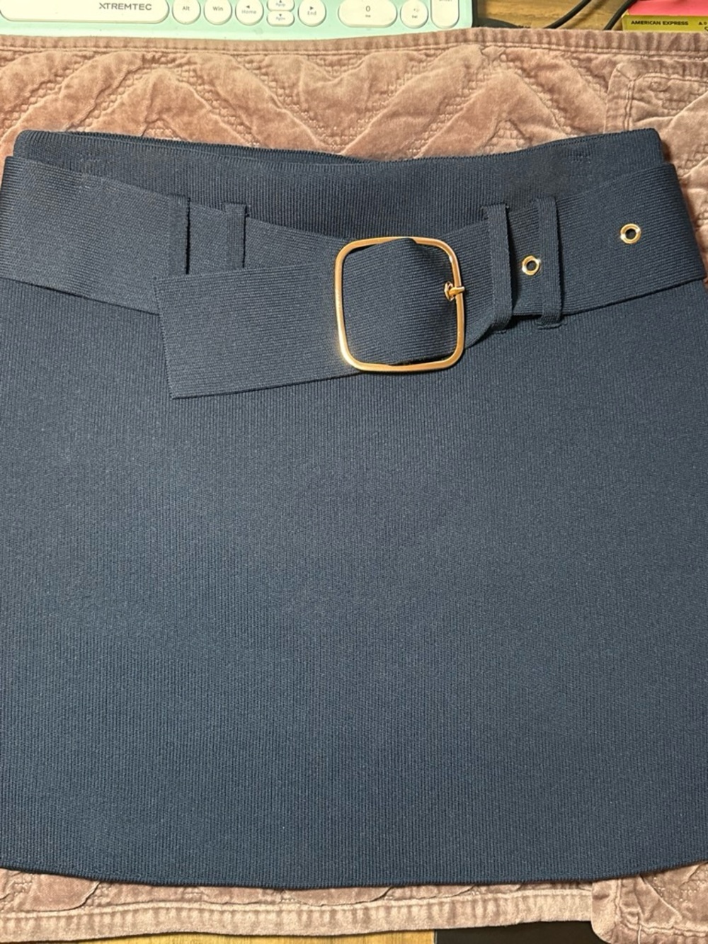 Zara Navy Mini Skirt with Wide Belt and Gold Buckle
